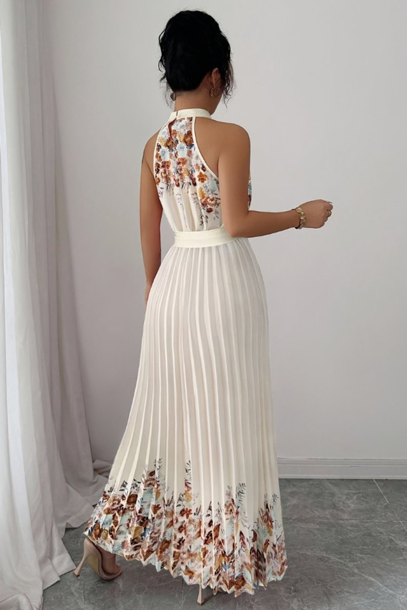 Nina | Dames Geplooid Bloemenprint Halter Evening Gown Midi