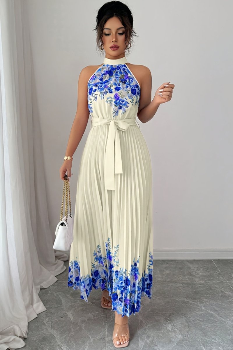 Nina | Dames Geplooid Bloemenprint Halter Evening Gown Midi