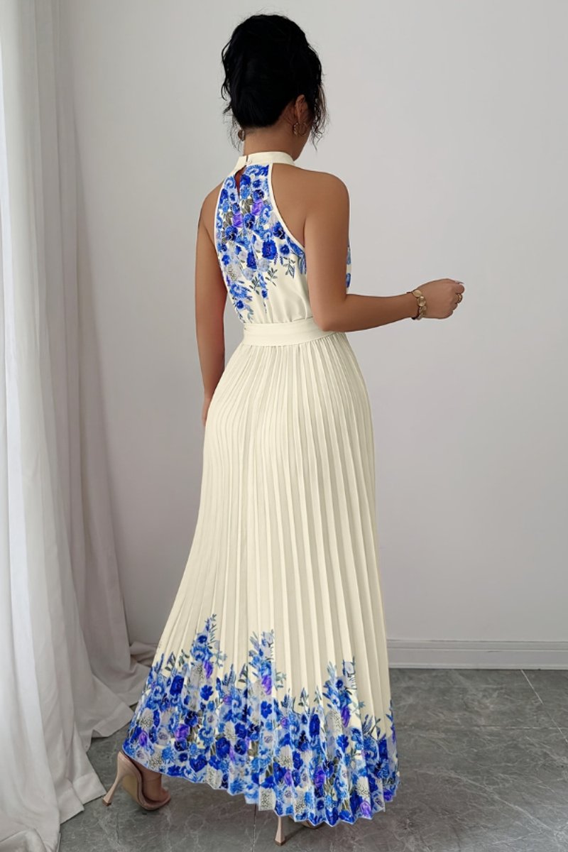 Nina | Dames Geplooid Bloemenprint Halter Evening Gown Midi
