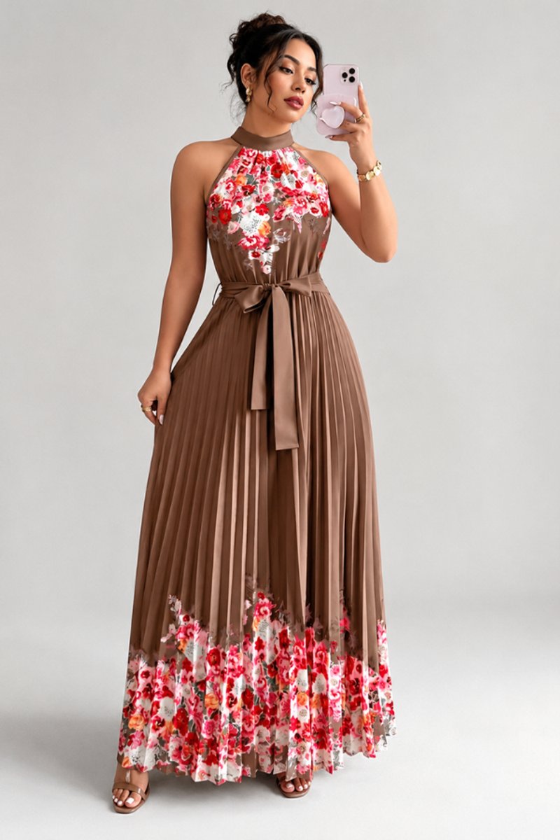 Nina | Dames Geplooid Bloemenprint Halter Evening Gown Midi