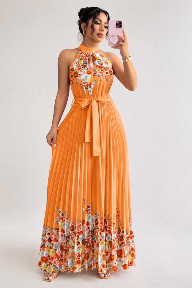 Nina | Dames Geplooid Bloemenprint Halter Evening Gown Midi