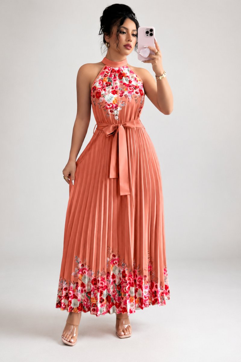 Nina | Dames Geplooid Bloemenprint Halter Evening Gown Midi