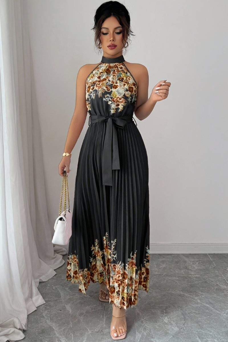 Nina | Dames Geplooid Bloemenprint Halter Evening Gown Midi