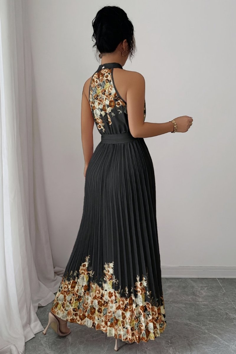 Nina | Dames Geplooid Bloemenprint Halter Evening Gown Midi