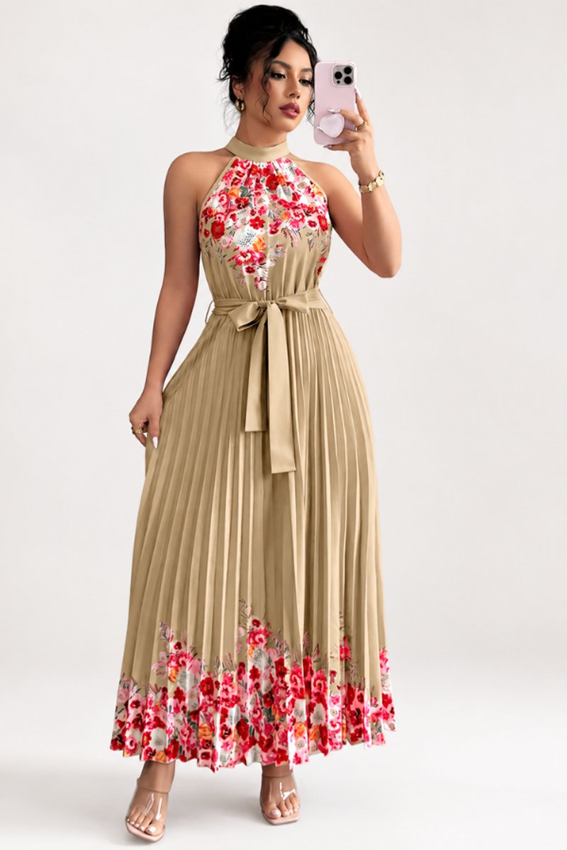 Nina | Dames Geplooid Bloemenprint Halter Evening Gown Midi