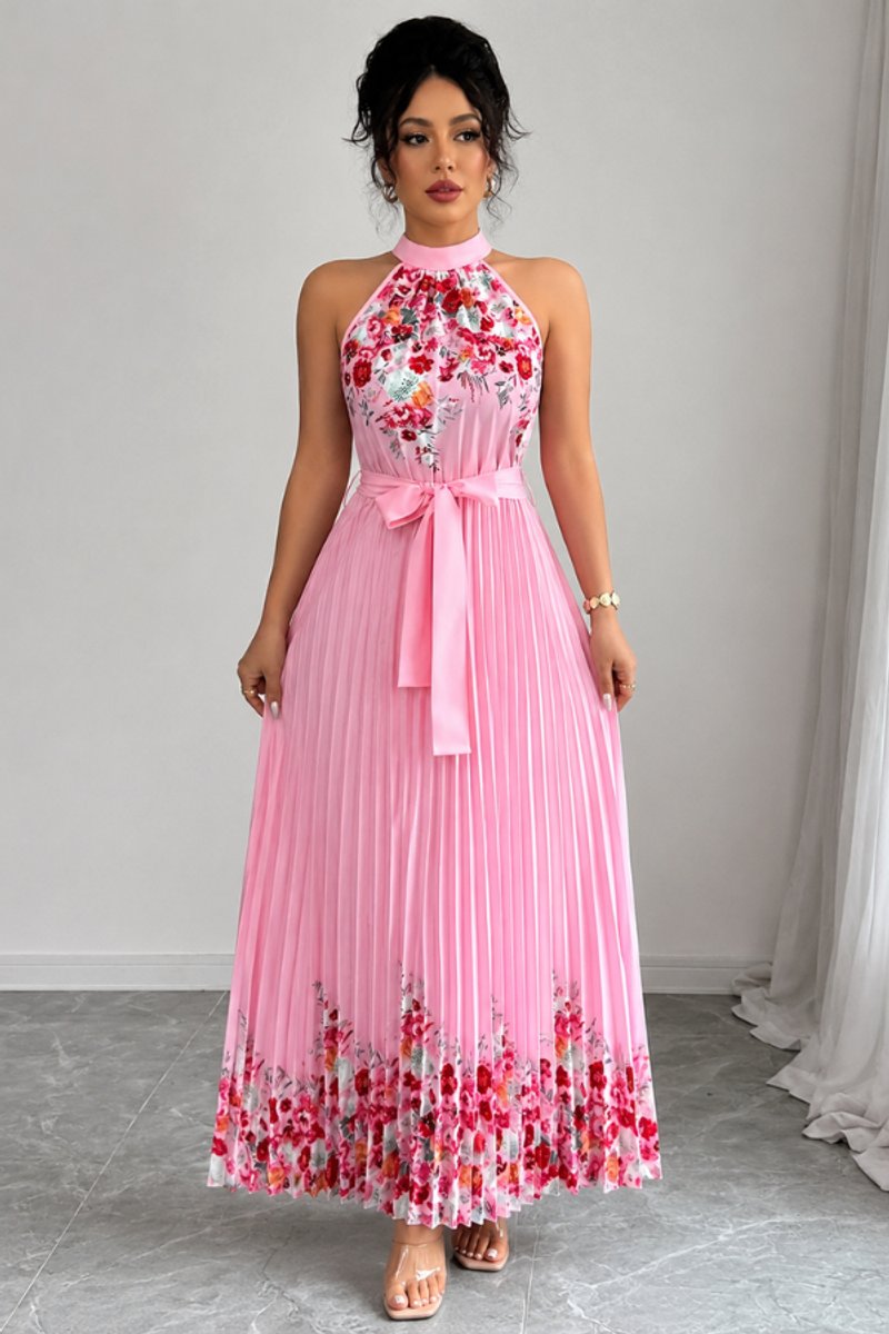 Nina | Dames Geplooid Bloemenprint Halter Evening Gown Midi
