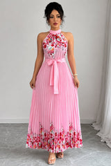 Nina | Dames Geplooid Bloemenprint Halter Evening Gown Midi