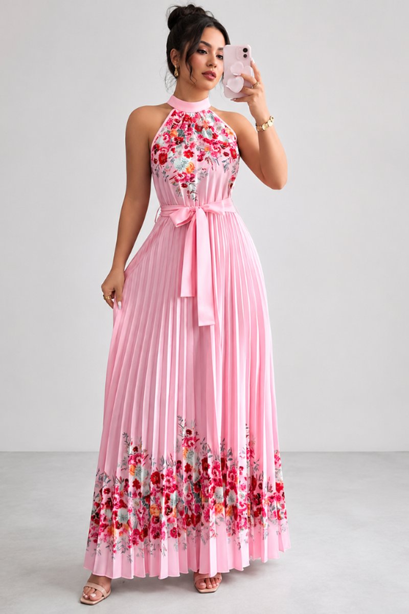 Nina | Dames Geplooid Bloemenprint Halter Evening Gown Midi