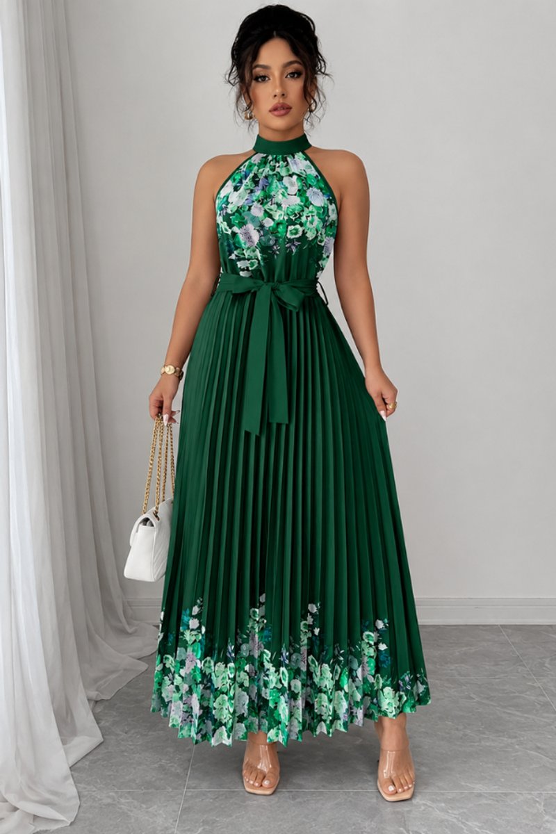 Nina | Dames Geplooid Bloemenprint Halter Evening Gown Midi