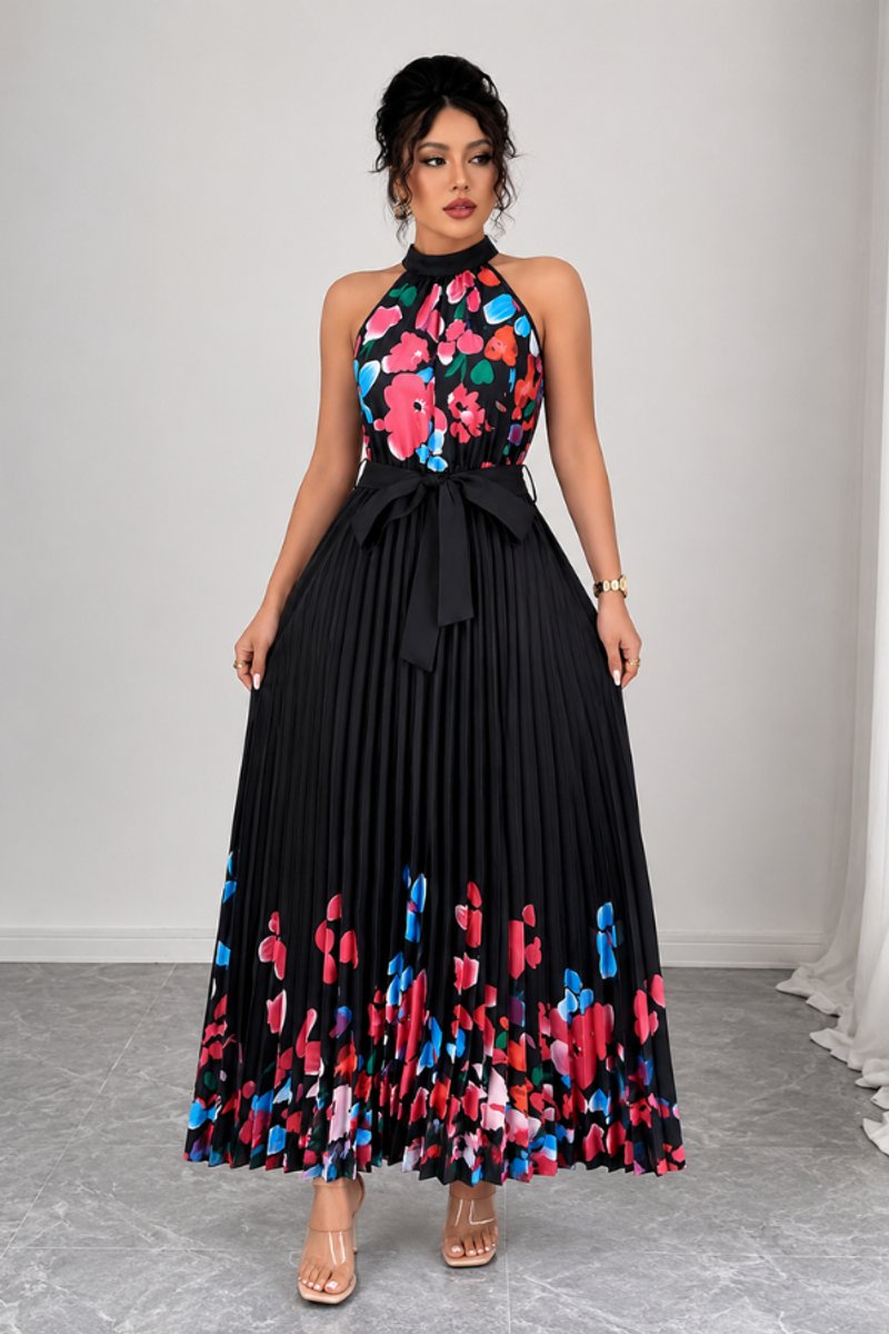 Nina | Dames Geplooid Bloemenprint Halter Evening Gown Midi