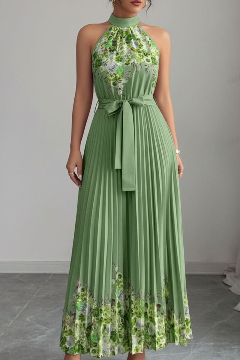 Nina | Dames Geplooid Bloemenprint Halter Evening Gown Midi