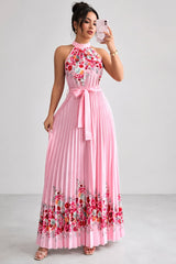 Nina | Dames Geplooid Bloemenprint Halter Evening Gown Midi