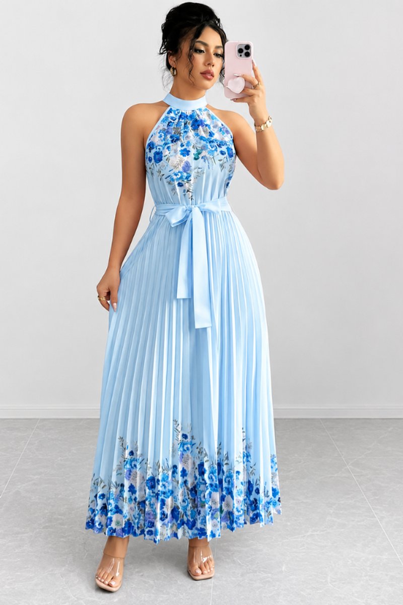 Nina | Dames Geplooid Bloemenprint Halter Evening Gown Midi