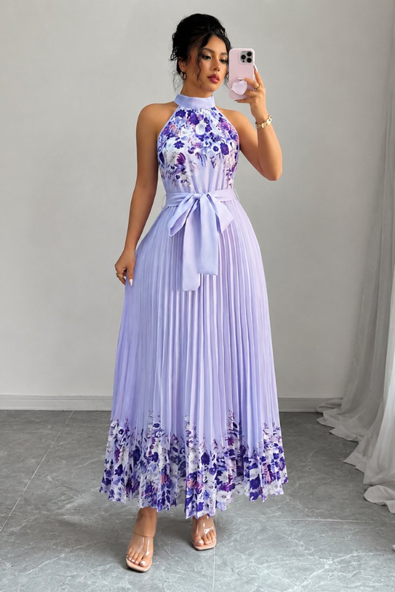 Nina | Dames Geplooid Bloemenprint Halter Evening Gown Midi