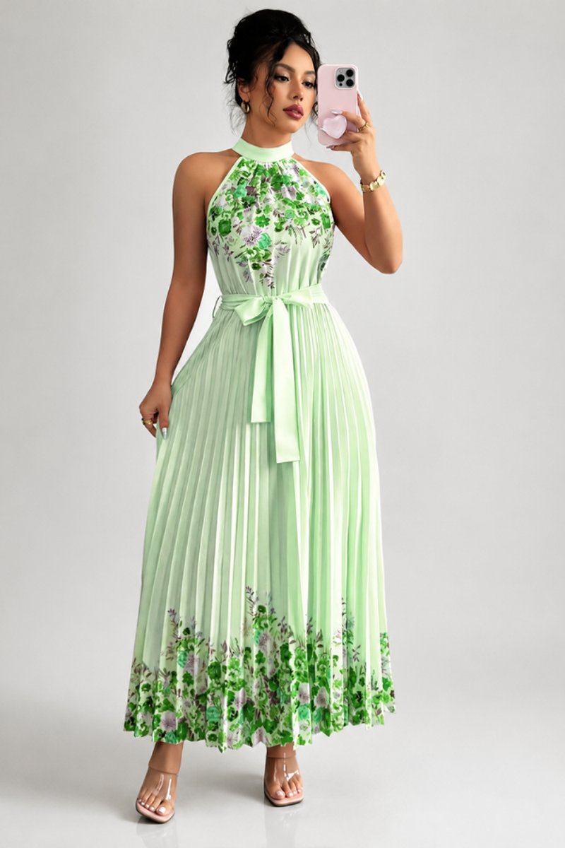 Nina | Dames Geplooid Bloemenprint Halter Evening Gown Midi