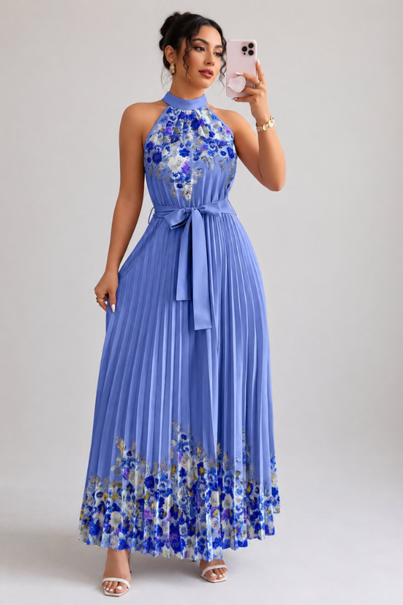 Nina | Dames Geplooid Bloemenprint Halter Evening Gown Midi