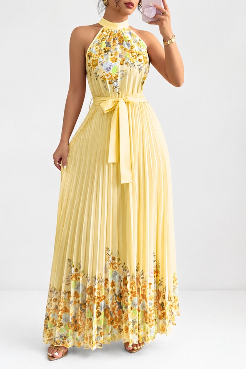 Nina | Dames Geplooid Bloemenprint Halter Evening Gown Midi