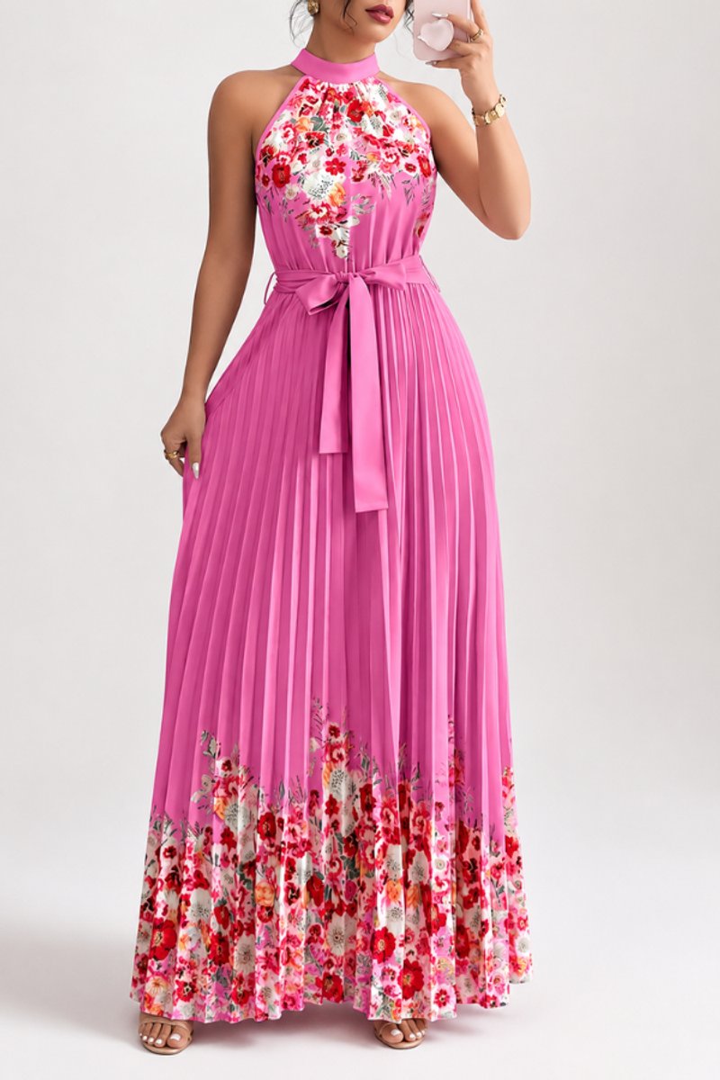 Nina | Dames Geplooid Bloemenprint Halter Evening Gown Midi