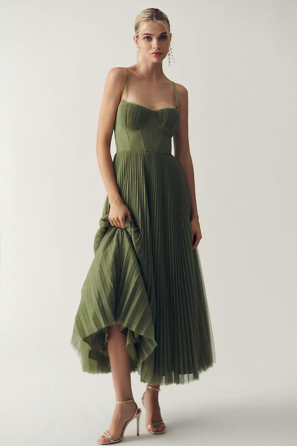 Lieke | Dames Geplooide Slip Midi Jurk met Korsetlook