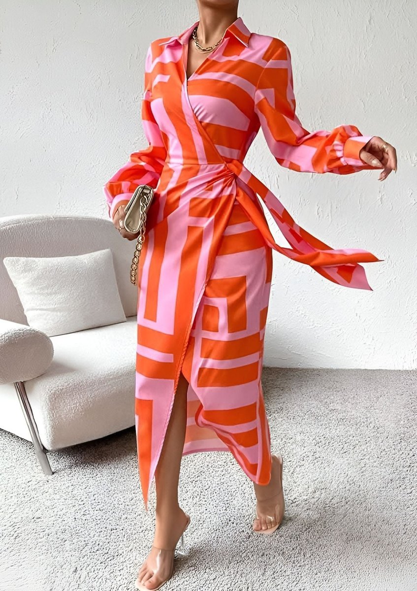 Lieke | Dames Geprinte Wikkel Maxi Long Sleeve Dress