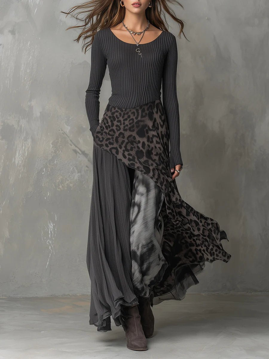 Julia | Dames Geribbelde Long Sleeve Dress Maxi Luipaardprint Onregelmatige Zoom