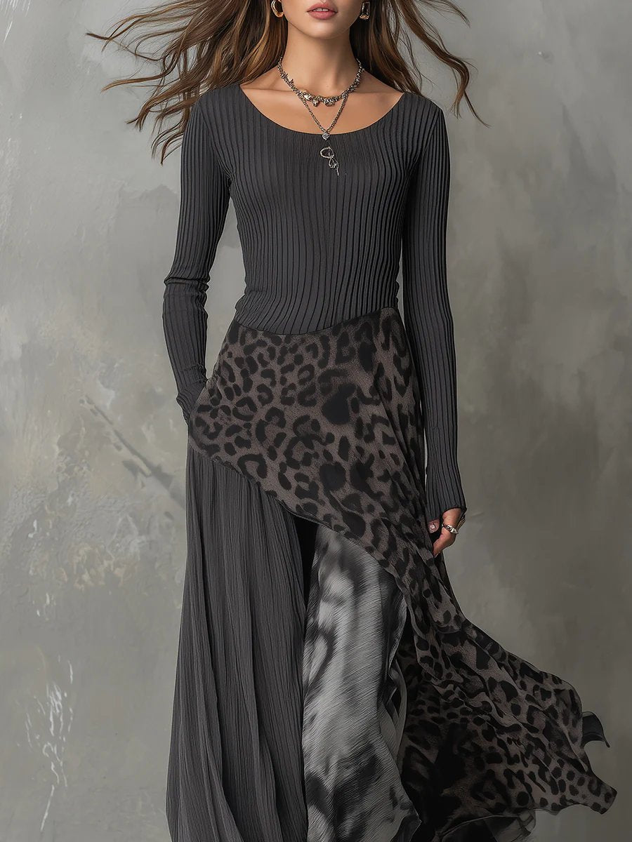 Julia | Dames Geribbelde Long Sleeve Dress Maxi Luipaardprint Onregelmatige Zoom
