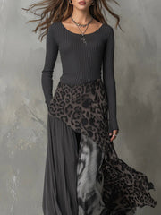 Julia | Dames Geribbelde Long Sleeve Dress Maxi Luipaardprint Onregelmatige Zoom