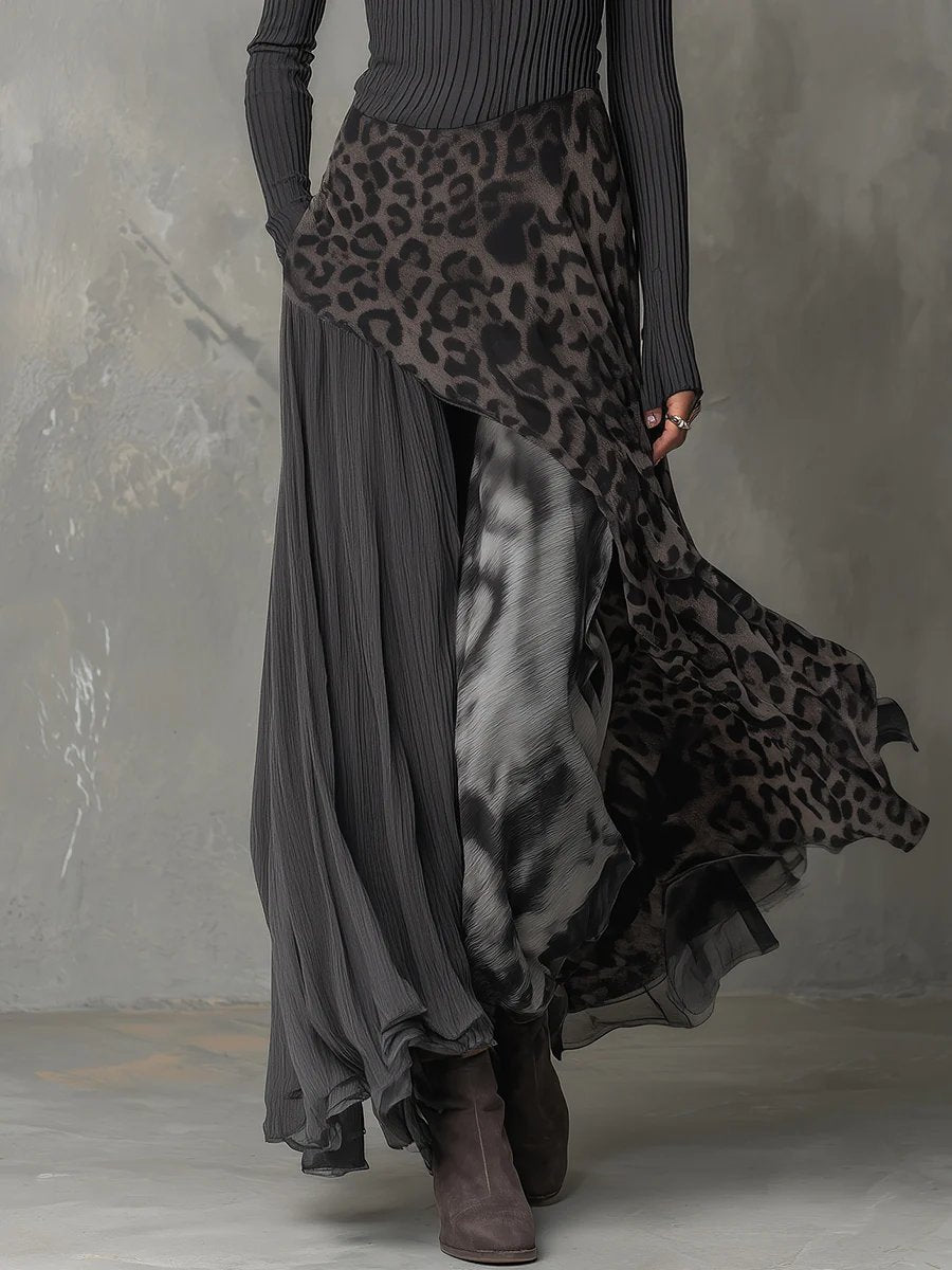 Julia | Dames Geribbelde Long Sleeve Dress Maxi Luipaardprint Onregelmatige Zoom