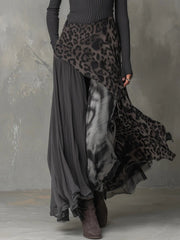 Julia | Dames Geribbelde Long Sleeve Dress Maxi Luipaardprint Onregelmatige Zoom