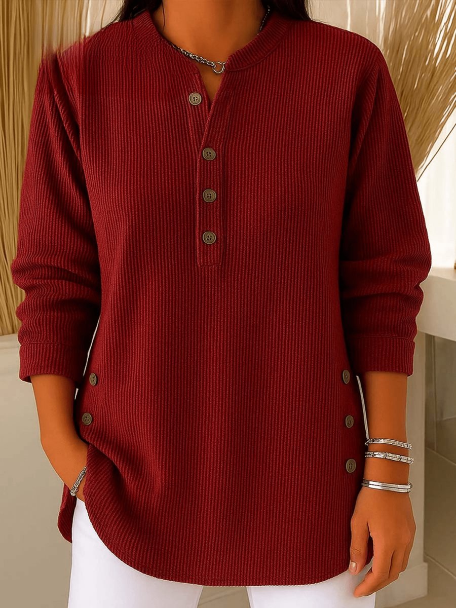 Sara | Dames Geribbelde Longline Tunic Henley Knoop Detail