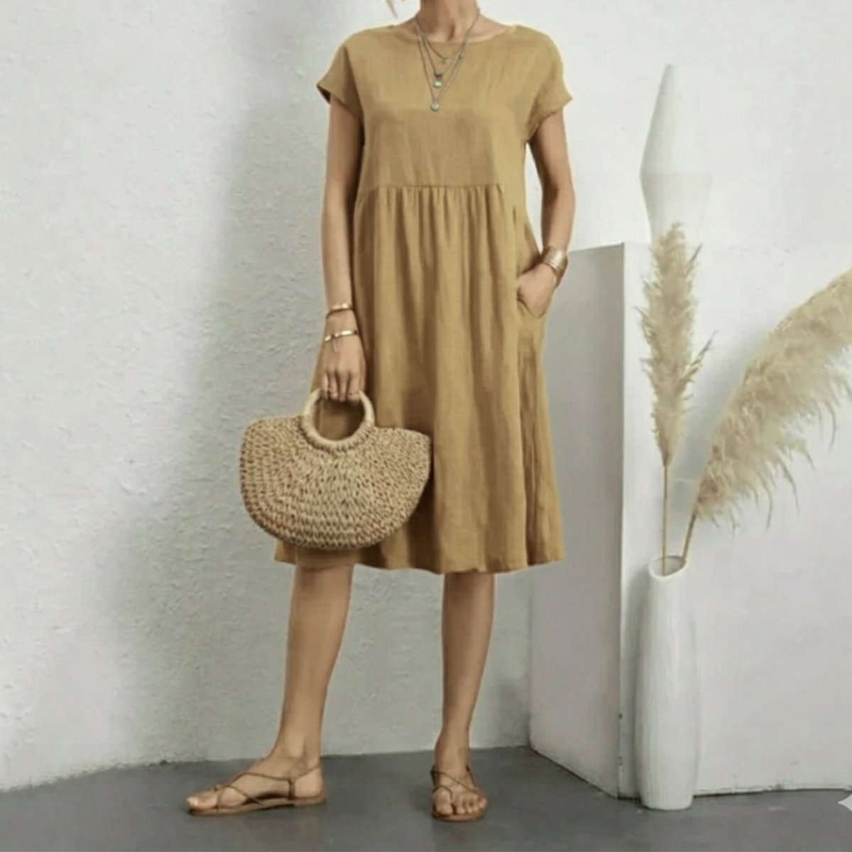 Julia | Dames Gesmockte Zomerjurk Korte Mouw Met Zakken