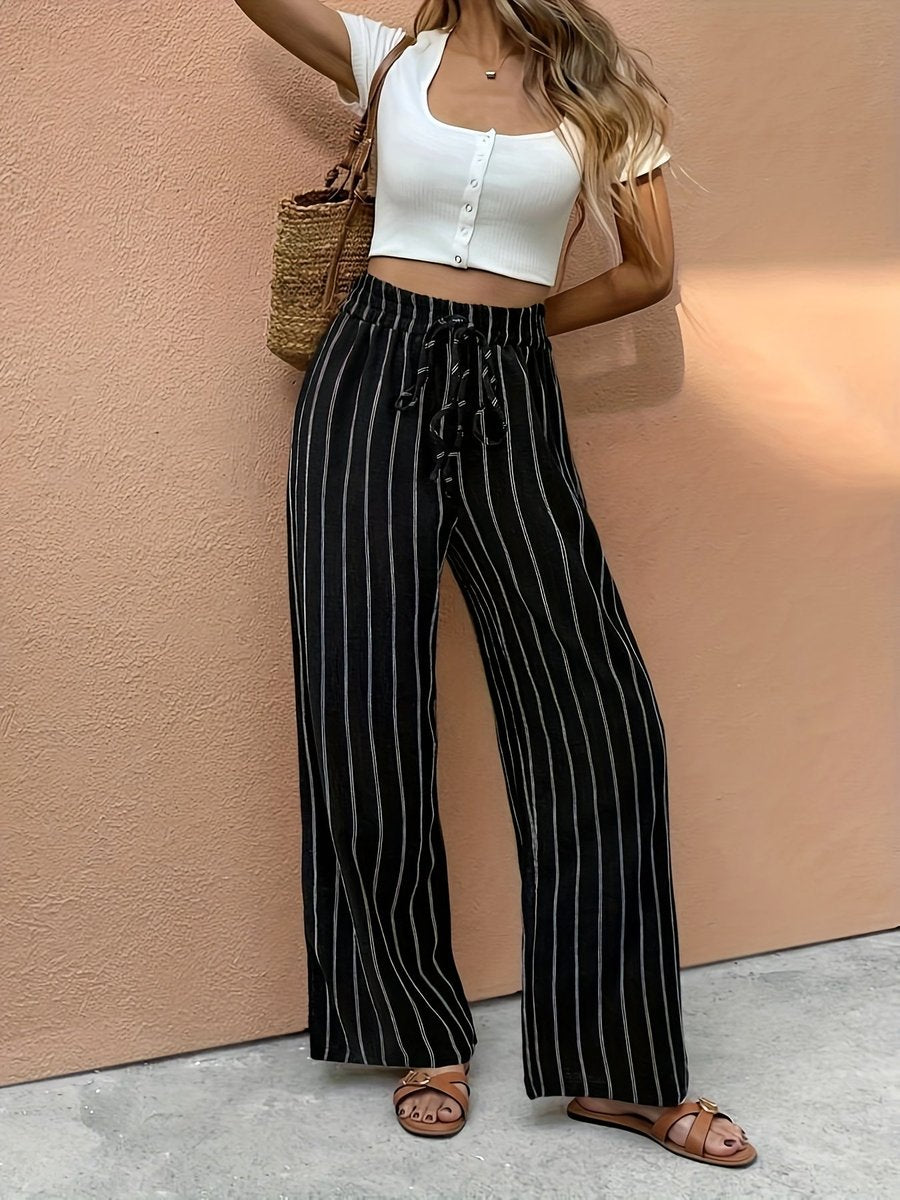 Sanne | Dames Gestreepte High-Waist Wide Leg Pants Linnen Broek