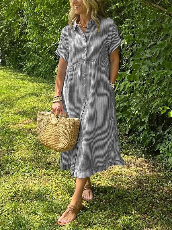 Fleur | Dames Gestreepte Midi Shirtjurk Korte Mouwen