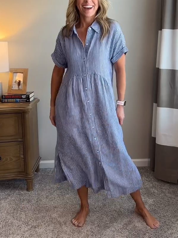 Fleur | Dames Gestreepte Midi Shirtjurk Korte Mouwen