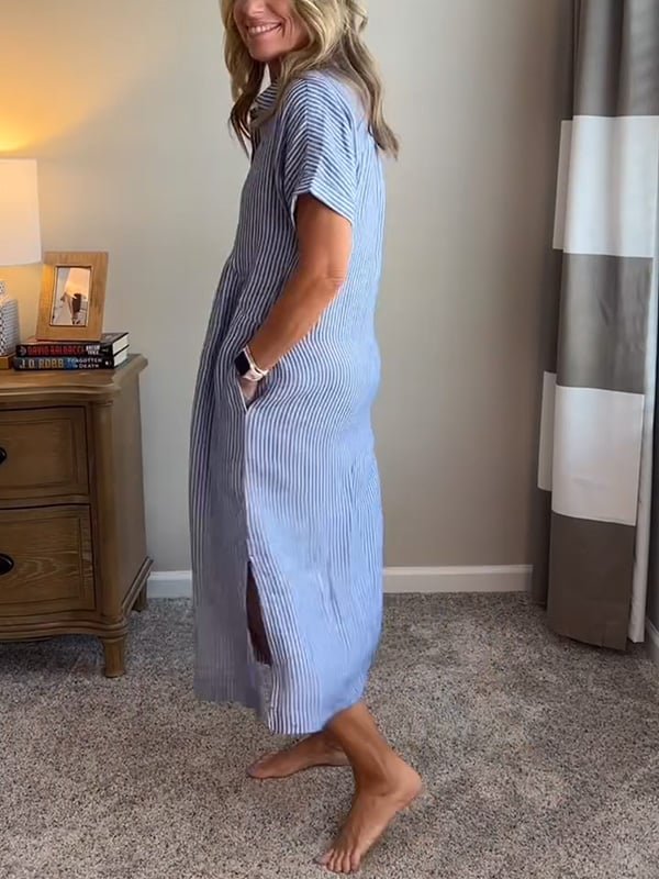 Fleur | Dames Gestreepte Midi Shirtjurk Korte Mouwen