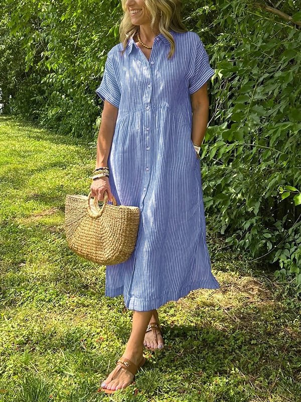 Fleur | Dames Gestreepte Midi Shirtjurk Korte Mouwen