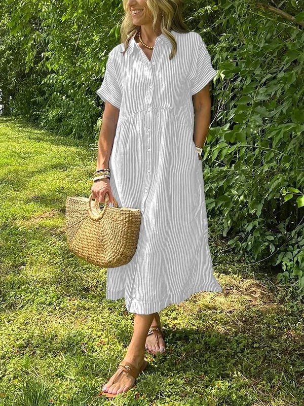 Fleur | Dames Gestreepte Midi Shirtjurk Korte Mouwen