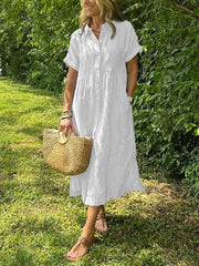 Fleur | Dames Gestreepte Midi Shirtjurk Korte Mouwen