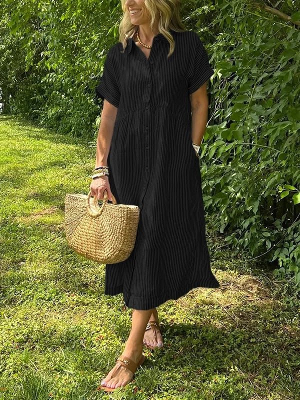Fleur | Dames Gestreepte Midi Shirtjurk Korte Mouwen