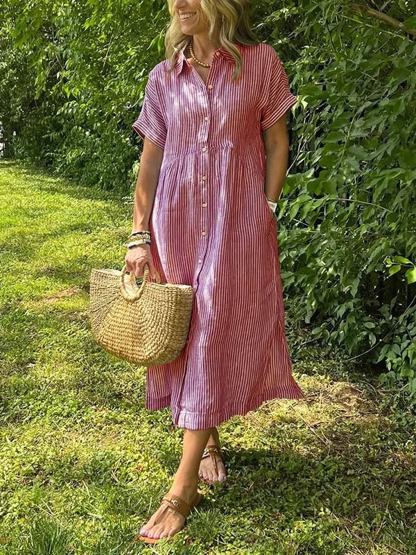 Fleur | Dames Gestreepte Midi Shirtjurk Korte Mouwen