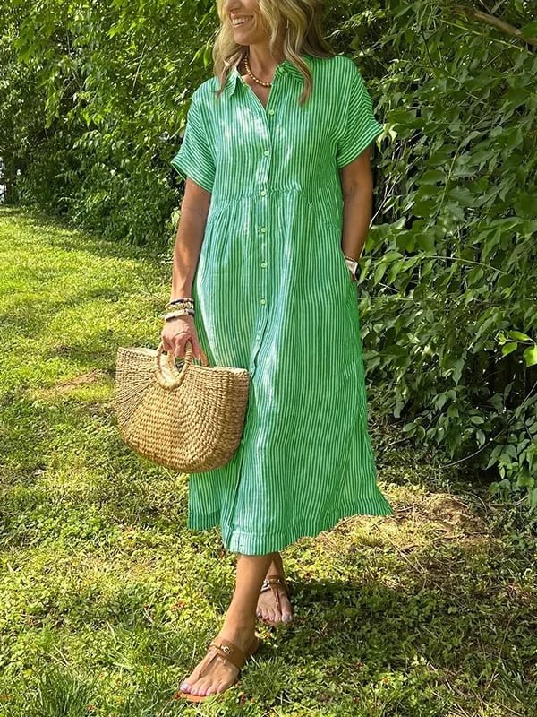 Fleur | Dames Gestreepte Midi Shirtjurk Korte Mouwen