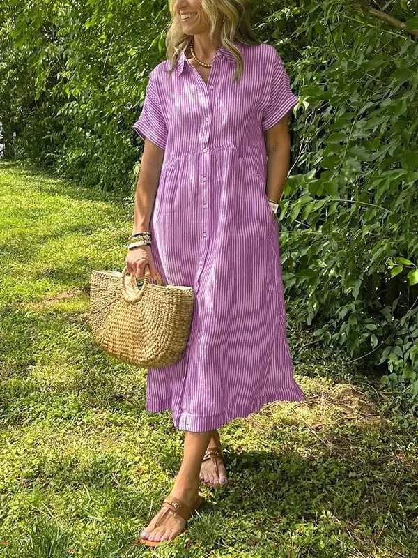 Fleur | Dames Gestreepte Midi Shirtjurk Korte Mouwen