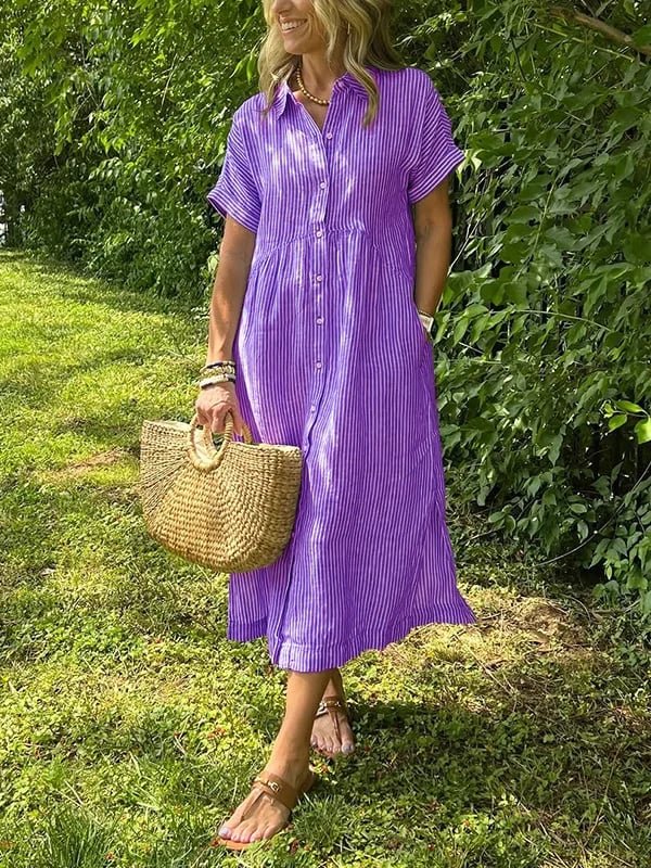 Fleur | Dames Gestreepte Midi Shirtjurk Korte Mouwen