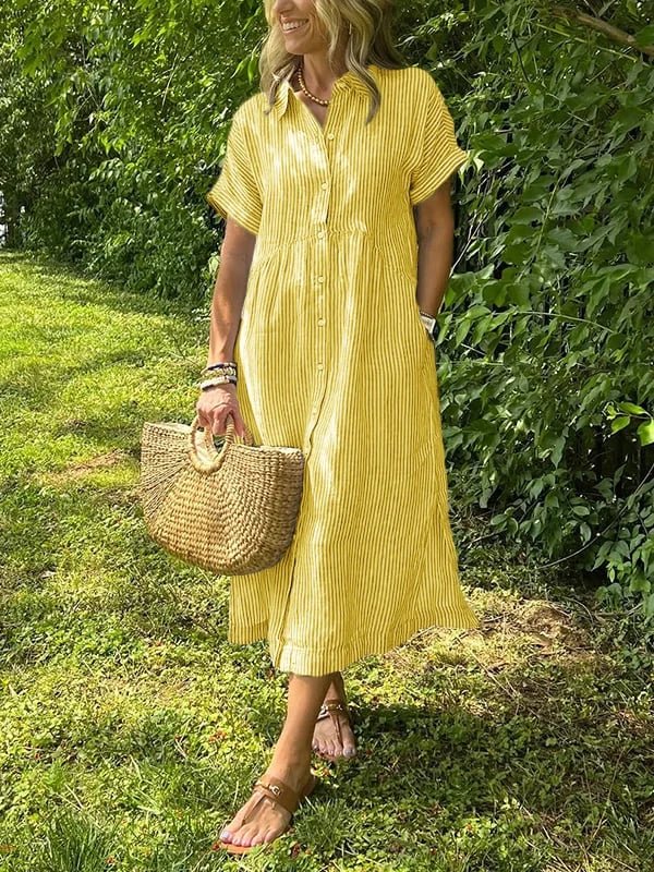 Fleur | Dames Gestreepte Midi Shirtjurk Korte Mouwen