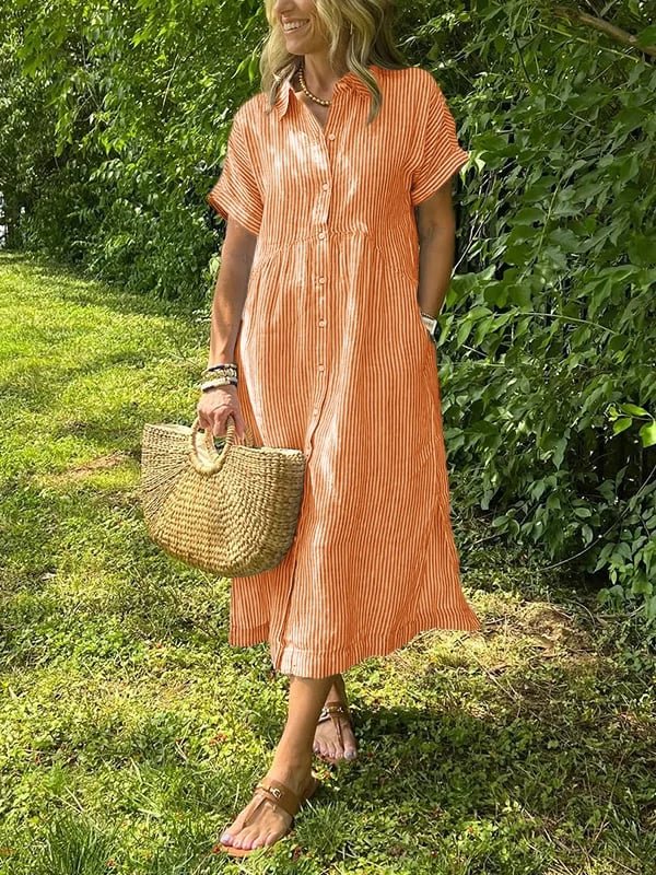 Fleur | Dames Gestreepte Midi Shirtjurk Korte Mouwen