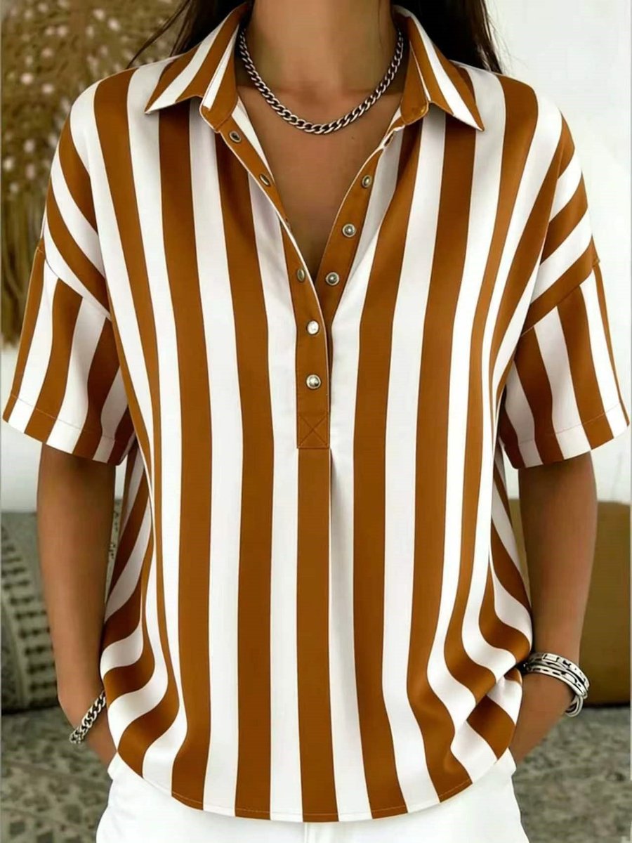 Sara | Dames Gestreepte Relaxed-Fit Korte Mouw Blouse met Kraag
