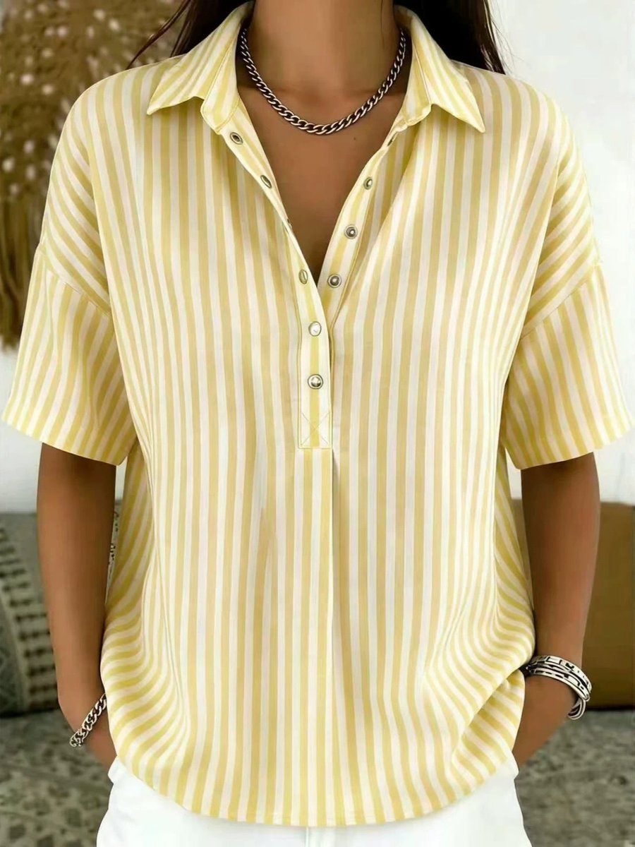 Sara | Dames Gestreepte Relaxed-Fit Korte Mouw Blouse met Kraag