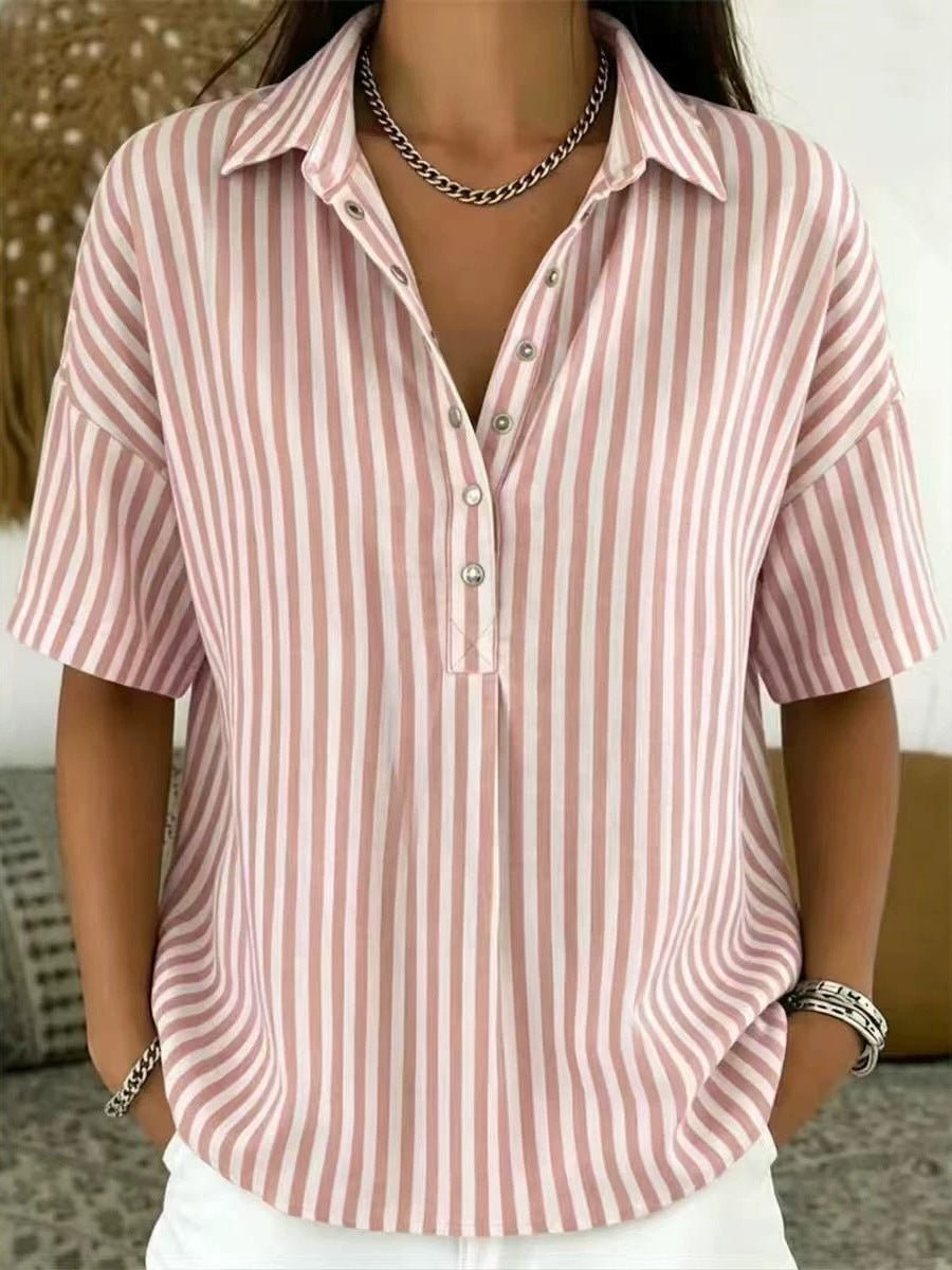 Sara | Dames Gestreepte Relaxed-Fit Korte Mouw Blouse met Kraag