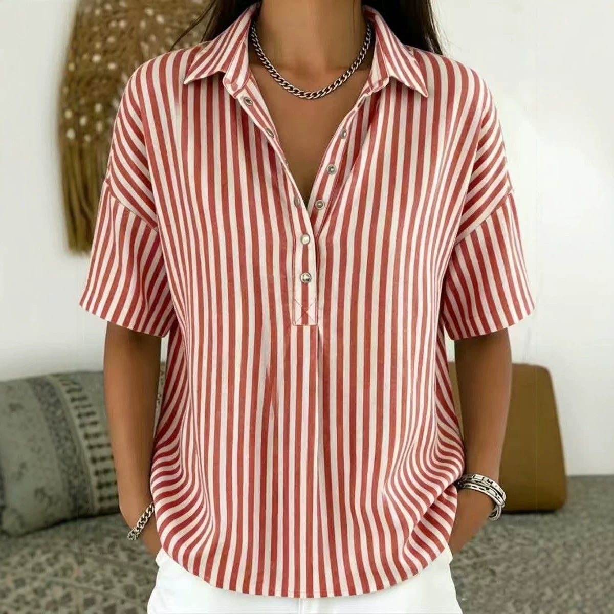 Sara | Dames Gestreepte Relaxed-Fit Korte Mouw Blouse met Kraag