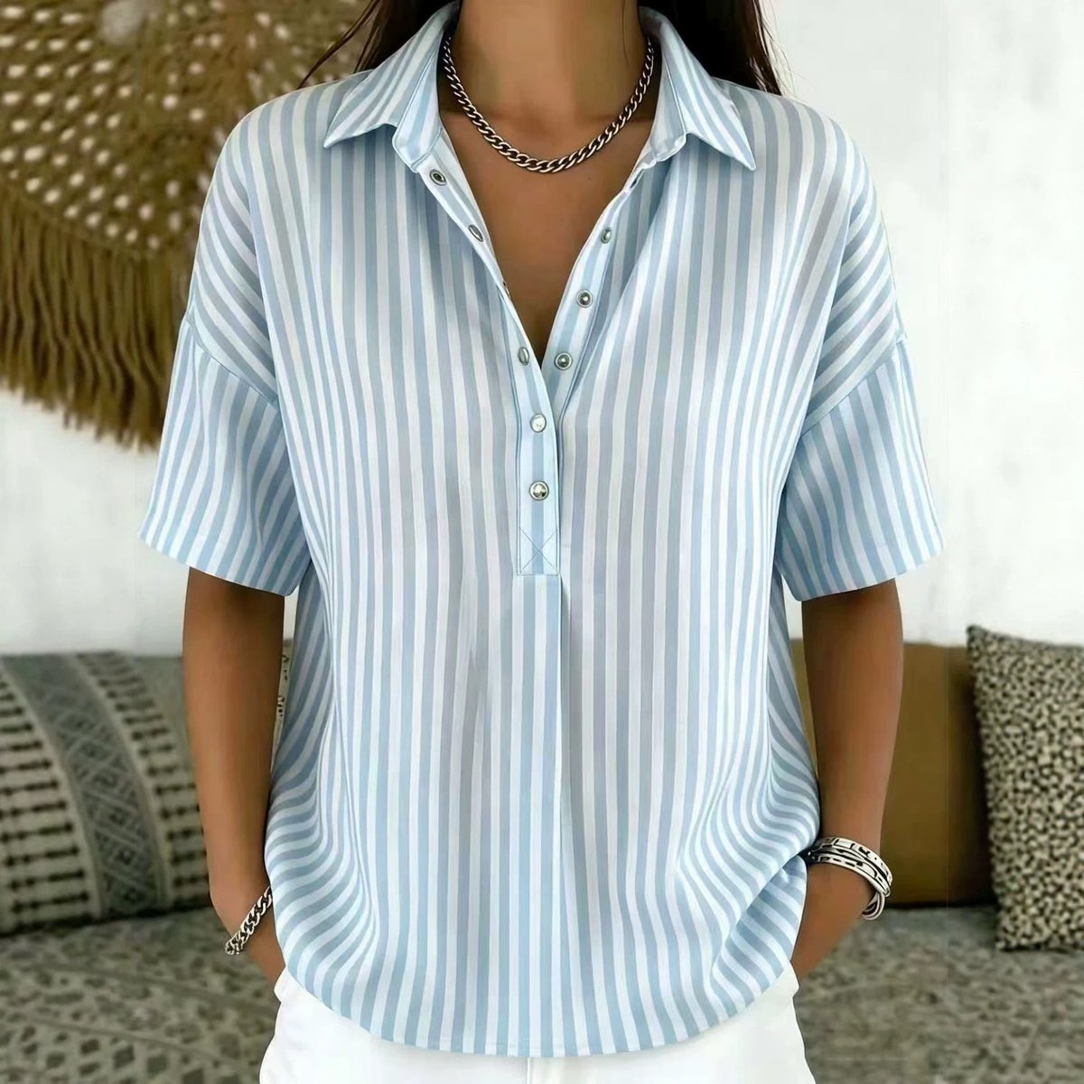 Sara | Dames Gestreepte Relaxed-Fit Korte Mouw Blouse met Kraag
